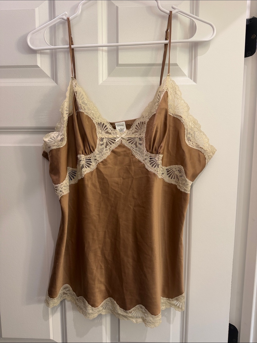 Silky Lace Trim Cami Tank Top - Brown/Cream